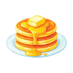 Watercolor Pancake Stack with Butter and Maple Syrup Illustration