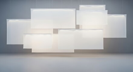 Ethereal Glow of Floating Blank Screens in a Modern Minimalist Gallery.
