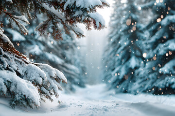 beautiful New Year's white winter background with snw-covered fir trees in theforest close-up and a pathbetween them, bokeh and spce for text