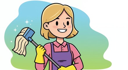 Cartoon illustration of a person cleaning with a mop against a simple background