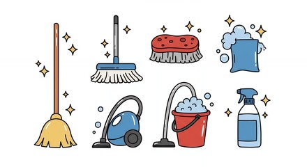 Cleaning supplies vector illustration set isolated on white background for various design projects