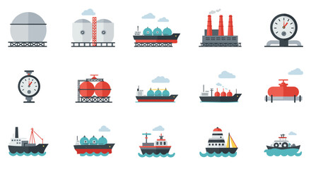 Obraz premium Industrial icons set featuring ships, tanks, and factories in flat design