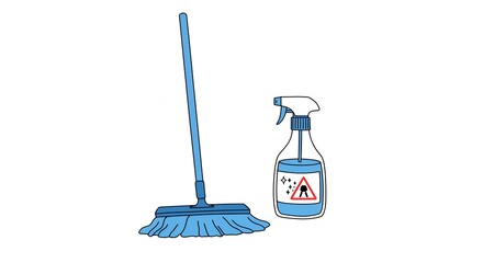 Cleaning tools illustration mop and spray bottle with hazard symbol on a white background