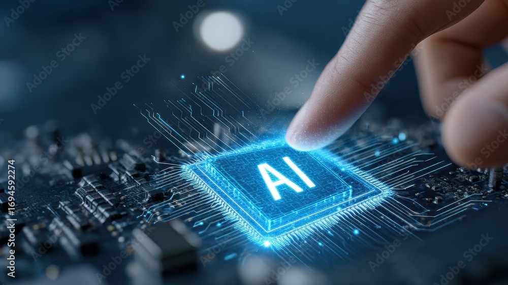 Aufkleber finger touching a glowing blue central processor unit on a circuit board representing future technol