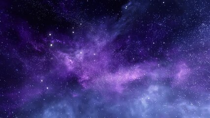 Glittering starfield with shimmering purple nebula clouds and radiant cosmic dust glowing across a black space sky, - Powered by Adobe