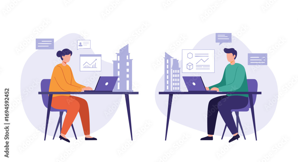 Poster remote work collaboration illustrations with abstract backgrounds and data graphics