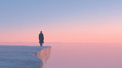 photorealistic ultraminimalist scene with silhouette of person standing at edge of cliff during soft sunset