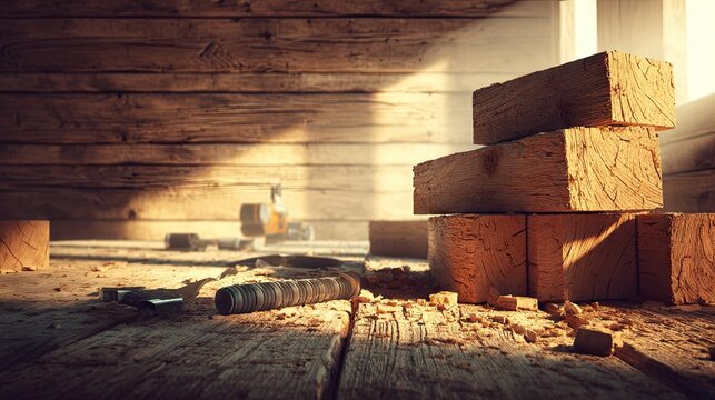 Wooden beams and tools on a weathered workbench. - Powered by Adobe