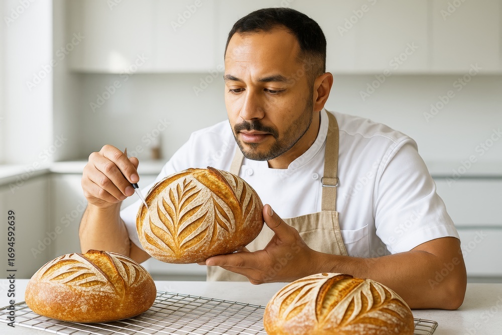 Poster man decorating artisan sourdough bread with intricate scoring patterns using knife in bright modern 