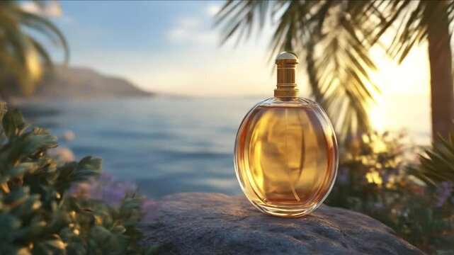 Golden perfume bottle on rock with tropical background scenery