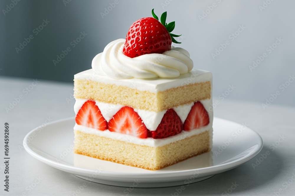 Poster slice of strawberry shortcake with fresh cream and whole strawberry on top on a white plate against 