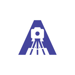 A professional and creative logo of the letter 'A' with a camera and tripod in its center. Ideal for photography, media, or video production studios.