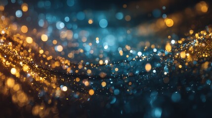 Abstract festive background with a magical wave of shimmering gold and blue bokeh lights and sparkling glitter particles on a dark backdrop