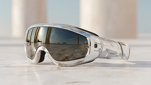 Sleek, reflective ski goggles on marble