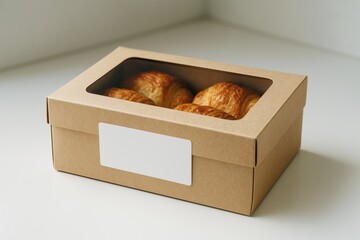 Kraft paper pastry box mockup with transparent window and blank label on clean white background for branding or packaging design presentation. Ai generative