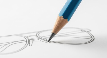 Pencil drawing glasses on paper, blue pencil focused, crisp black lines