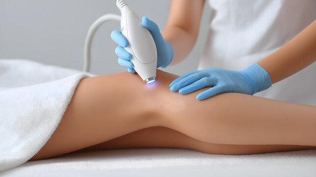 Female technician performing laser hair removal treatment on a client's leg, showcasing advanced beauty technology in a serene spa environment with soft lighting and clean surfaces