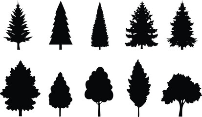 Obraz premium Collection of Various Tree Silhouettes Against a White Background Featuring Evergreen and Deciduous Types