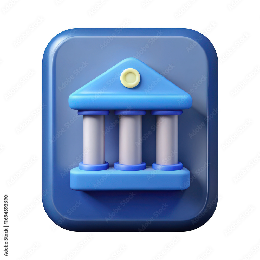 Poster 3d render of a bank icon on a blue square button isolated on transparent background