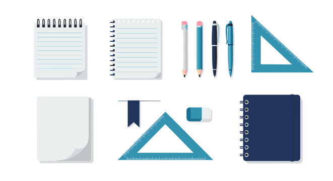 Flat style stationery set with notebooks, pencils, and geometric rulers