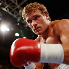 Close Up Portrait of a Sweaty Boxer in Red Gloves, Intense Gaze in Dimly Lit Arena