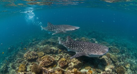 穏やか光差し込むサンゴ礁 ゆっくり泳ぐジンベイザメ二匹 神秘的. AI Generated