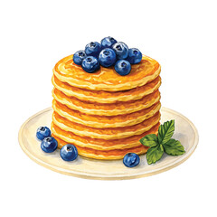 Watercolor Pancakes with Blueberries and Mint on Plate Illustration