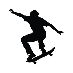 Obraz premium Silhouette of a skateboarder performing a trick mid air, extreme sport, skateboarder mid air trick silhouette vector illustration