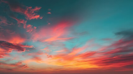 Obraz premium Dramatic colorful sky at sunset with vibrant pink, red, and orange clouds against a beautiful teal background