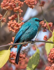 Blue Flycatcher Bird Perched on Branch Among Colorful Autumn Berries in Natural Wildlife Setting