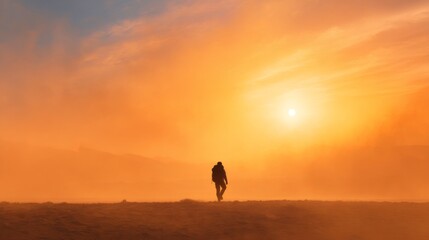 A person with a backpack walks across a barren landscape toward a bright sun and orange sky