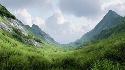 Fototapeta premium Green grassy valley with mountains on either side and a cloudy sky overhead