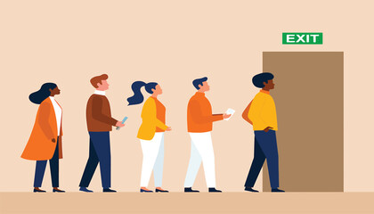 Illustration of a long queue of employees waiting to quit their jobs
