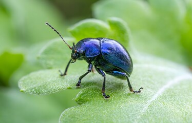 Iridescent Blue Green Beetle with Gemstone-like Exoskeleton on Leaf - Macro Garden Photography