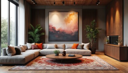 Spacious modern living room with large sectional sofa, wooden coffee table, abstract art. Features floor-to-ceiling windows, wood accent walls, rich indoor plants. Elegant interior design for luxury