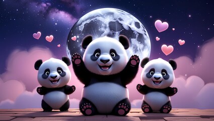 Obraz premium Adorable Cartoon Panda Family with Hearts and Moon - Cute Panda Illustration