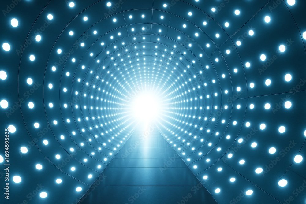Poster abstract glowing tunnel with concentric circles of blue lights forming futuristic background with ce