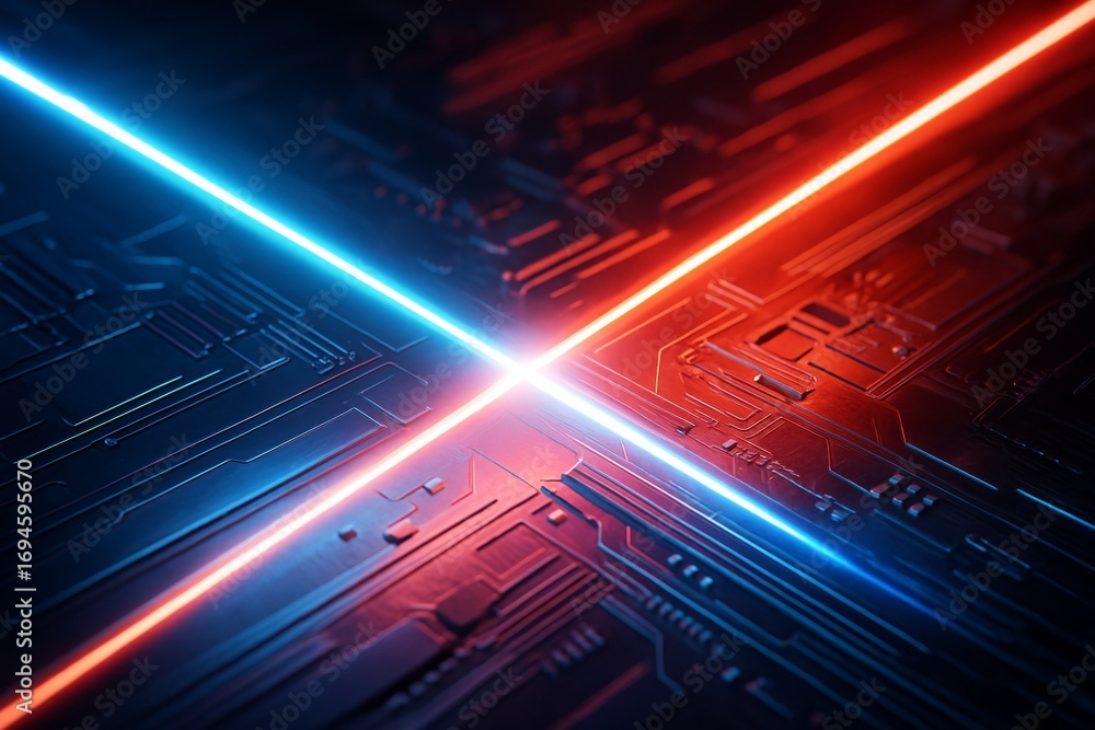 Poster abstract glowing red and blue neon light beams crossing over a futuristic circuit board background i