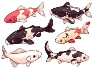Set of colorful koi fish illustration with transparent PNG background, perfect for design, decoration, and digital art projects.