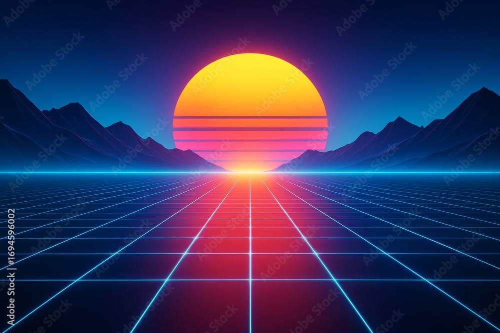 Poster futuristic retro sunset with neon grid background and glowing light over mountains in synthwave digi