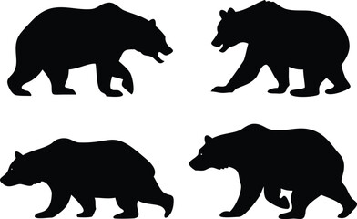 Fototapeta premium Four Black Bear Silhouettes Facing Each Other Wildlife Illustration on White Background