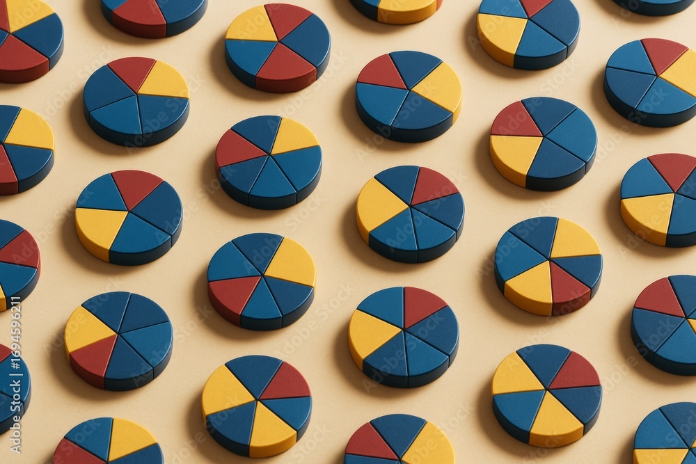 Poster colorful segmented circular shapes organized in geometric pattern on soft beige background, abstract