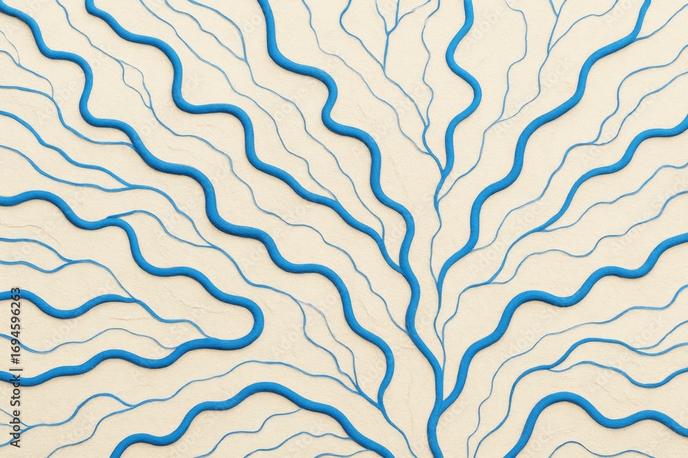 Poster abstract organic blue lines branching on light textured background forming neural or river-like patt