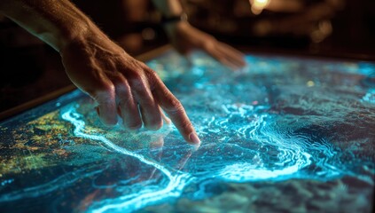 Interactive map on a touch screen. Hands touching the screen