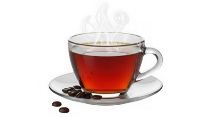 A steaming cup of hot tea on a saucer with coffee beans, isolated on white background