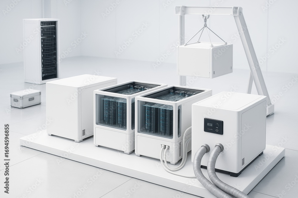 Poster futuristic white data servers and cooling system in a clean lab environment with suspended module on