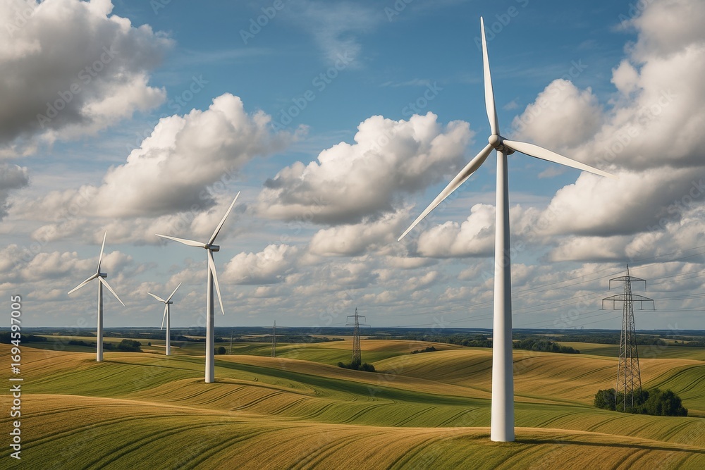 Poster Wind turbines generating renewable energy on rolling farmland under a partly cloudy sky with powerlines in the distance. Ai generative. Ai generative