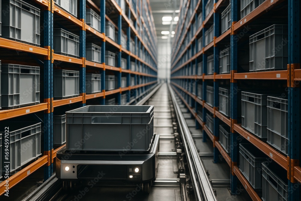 Poster automated robotic cart transporting container in modern warehouse aisle with shelves full of plastic