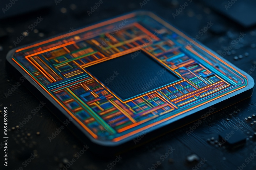 Poster futuristic microchip with glowing neon circuit lines on a dark motherboard background, close-up view