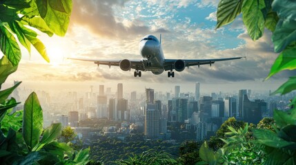A passenger airplane flying over a cityscape with green leaves in the foreground.